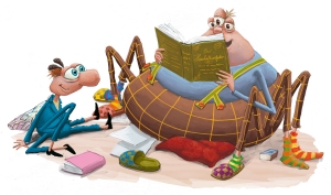 Der Spinnerich Karl-Heinz liest der Stubenfliege Bisy aus einem Buch vor