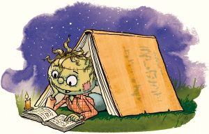 Zombert liegt in einem Bücherzelt und liest