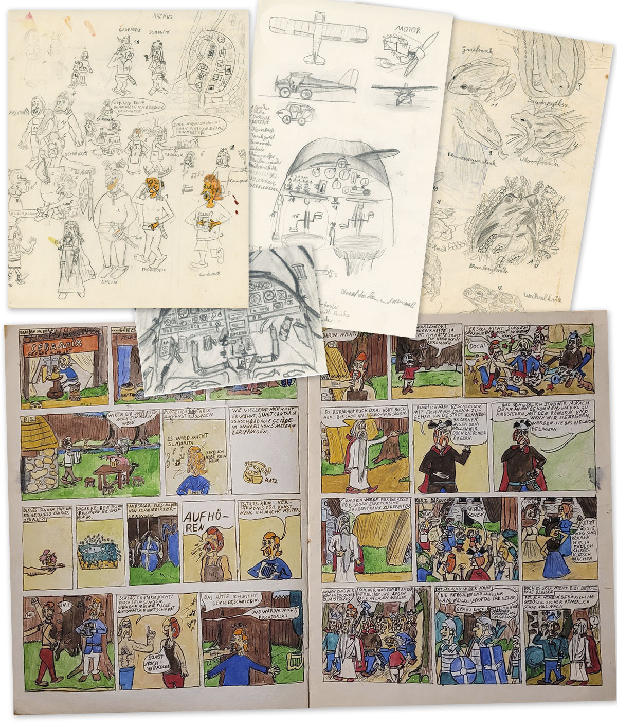 Ein paar Frühwerke. Blätter mit Zeichnungen von Reptiliern, Amphibien, Flugzeugen, Cockpits und zwei Seiten eines bunten Comics, die ahnen lassen, dass sie von Asterix inspiriert entstanden sind.